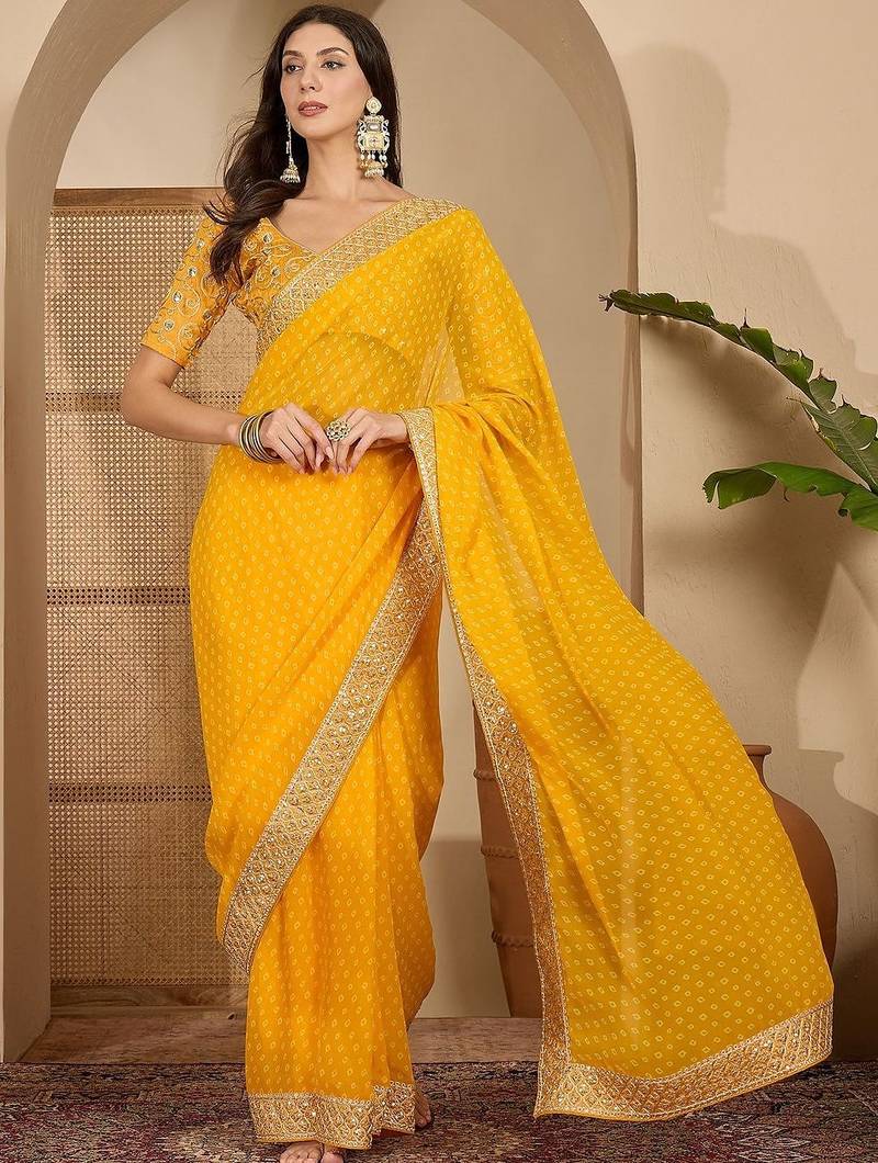 Yellow bandhani printed poly georgette saree with unstiched blouse