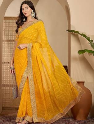 Yellow bandhani printed poly georgette saree with unstiched blouse 3