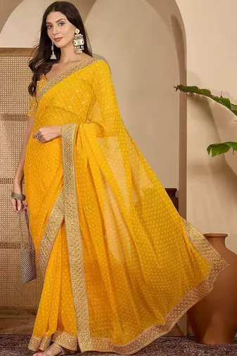 Yellow bandhani printed poly georgette saree with unstiched blouse