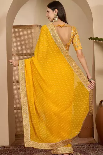 Yellow bandhani printed poly georgette saree with unstiched blouse
