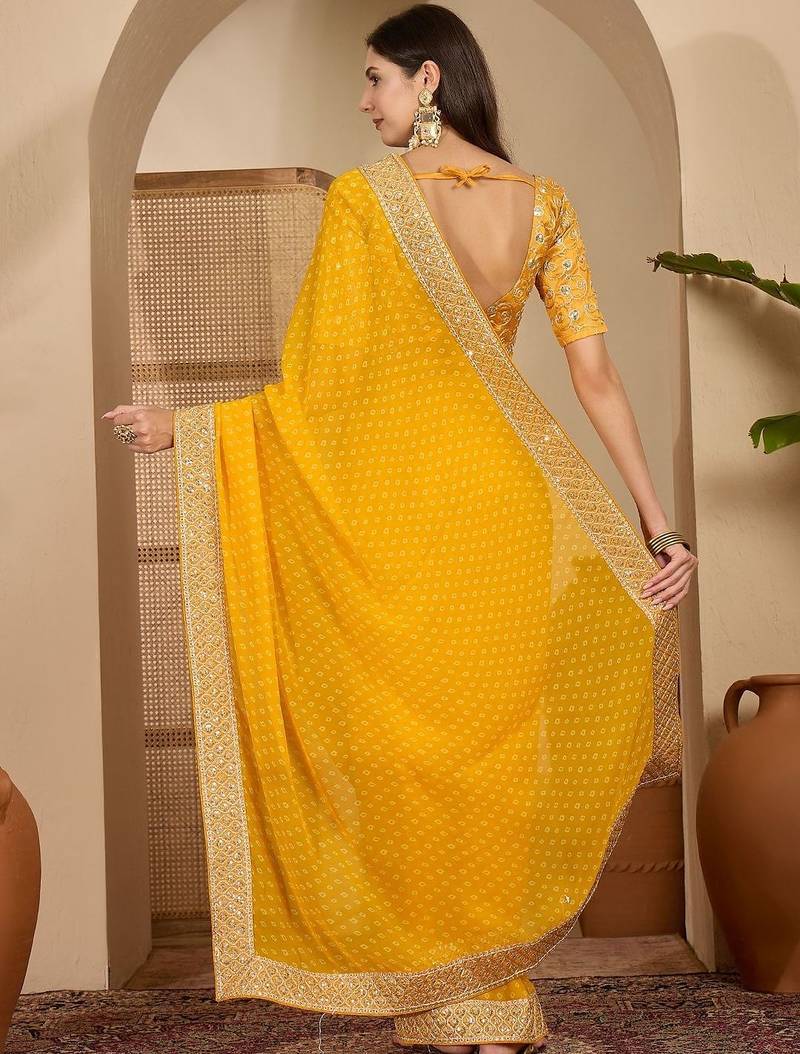 Yellow bandhani printed poly georgette saree with unstiched blouse