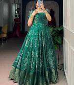 Mesmerizing Green Zari Weaving Cotton Function Wear Gown