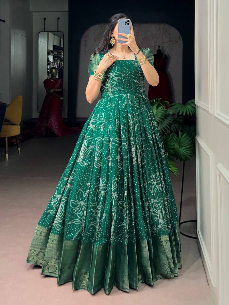 Mesmerizing Green Zari Weaving Cotton Function Wear Gown