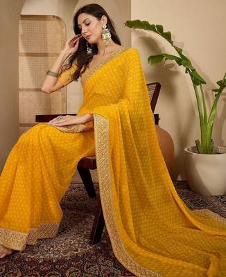 Yellow bandhani printed poly georgette saree with unstiched blouse 5