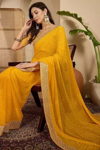 Yellow bandhani printed poly georgette saree with unstiched blouse