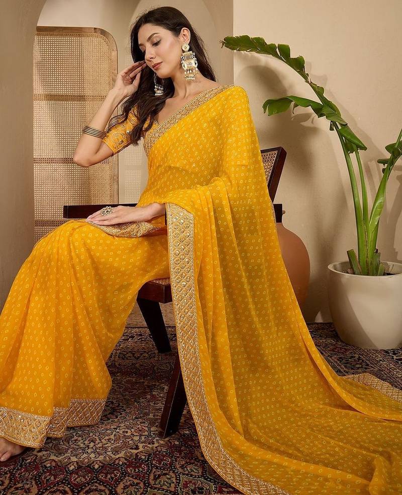 Yellow bandhani printed poly georgette saree with unstiched blouse