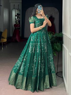 Mesmerizing Green Zari Weaving Cotton Function Wear Gown 2