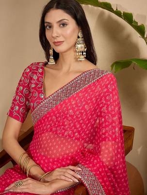 Pink bandhani embroidered poly georgette heavy work saree 1