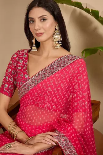 Pink bandhani embroidered poly georgette heavy work saree