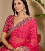 Pink bandhani embroidered poly georgette heavy work saree