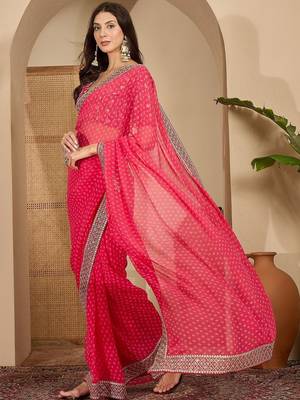 Pink bandhani embroidered poly georgette heavy work saree 2