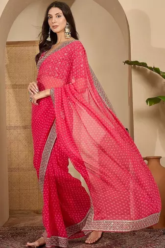 Pink bandhani embroidered poly georgette heavy work saree