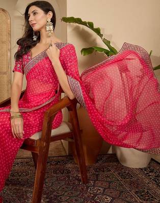 Pink bandhani embroidered poly georgette heavy work saree 3