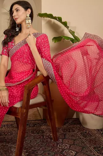 Pink bandhani embroidered poly georgette heavy work saree