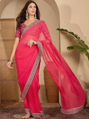 Pink bandhani embroidered poly georgette heavy work saree 4