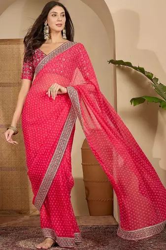 Pink bandhani embroidered poly georgette heavy work saree