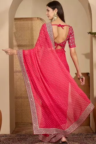 Pink bandhani embroidered poly georgette heavy work saree
