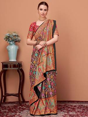 Black floral printed tussar saree 1
