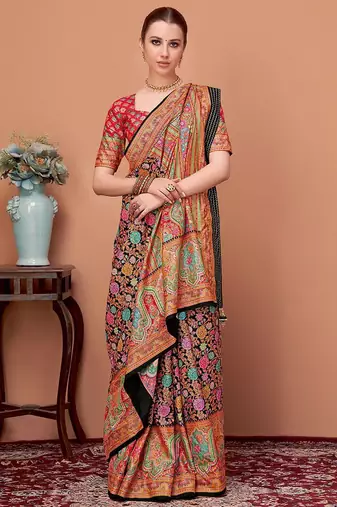 Black floral printed tussar saree