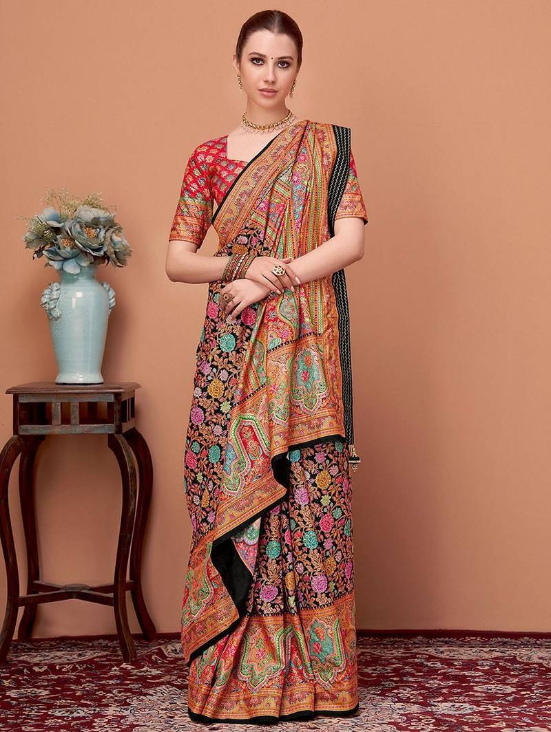 Black floral printed tussar saree