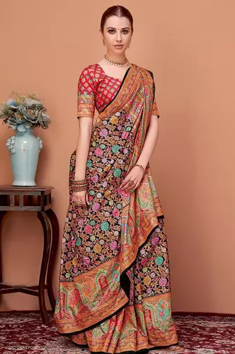 Black floral printed tussar saree