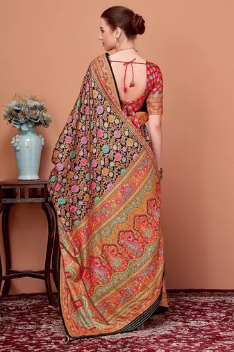 Black floral printed tussar saree