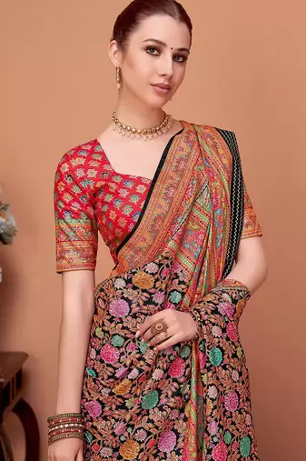 Black floral printed tussar saree