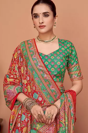 Red floral printed tussar saree with blouse piece