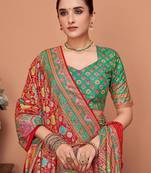 Red floral printed tussar saree with blouse piece