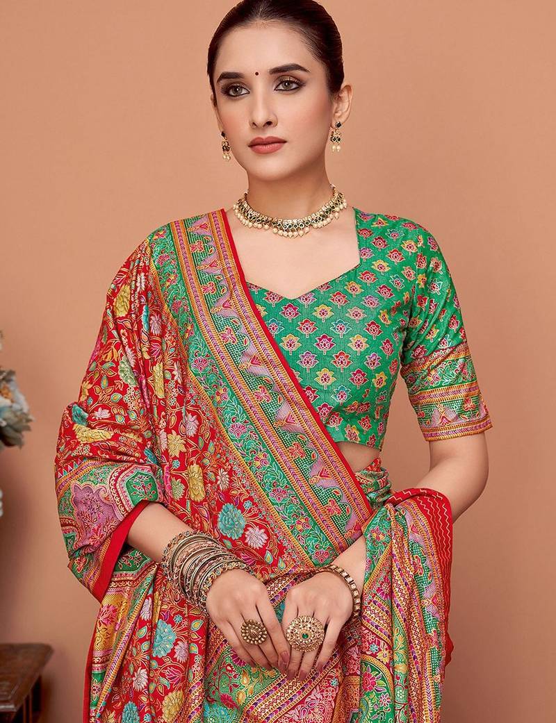 Red floral printed tussar saree with blouse piece