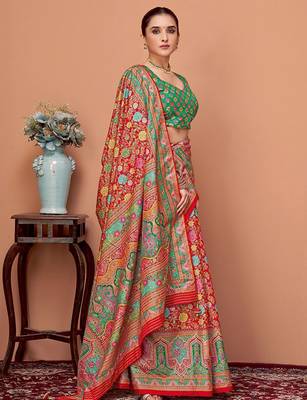 Red floral printed tussar saree with blouse piece 2