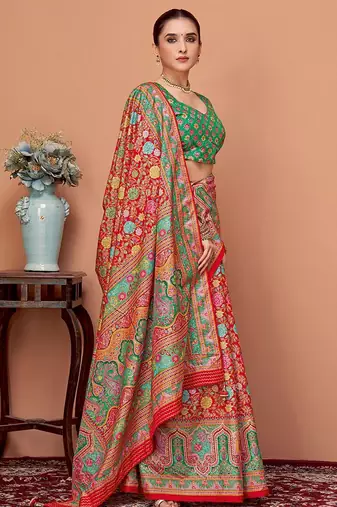 Red floral printed tussar saree with blouse piece