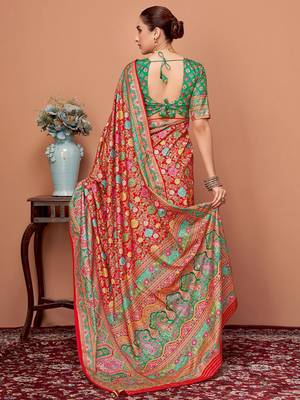 Red floral printed tussar saree with blouse piece 3