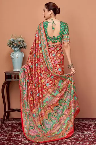 Red floral printed tussar saree with blouse piece