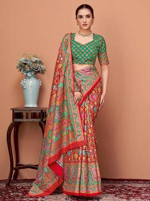 Red floral printed tussar saree with blouse piece 4