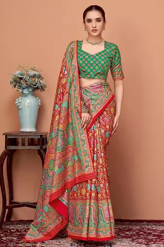 Red floral printed tussar saree with blouse piece