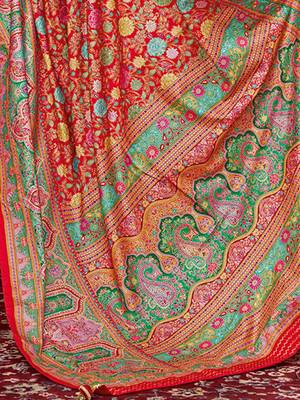 Red floral printed tussar saree with blouse piece 5