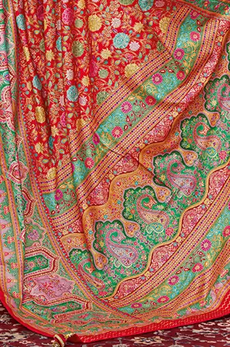 Red floral printed tussar saree with blouse piece