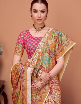 Peach floral printed saree with matching blouse 1