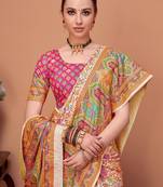 Peach floral printed saree with matching blouse