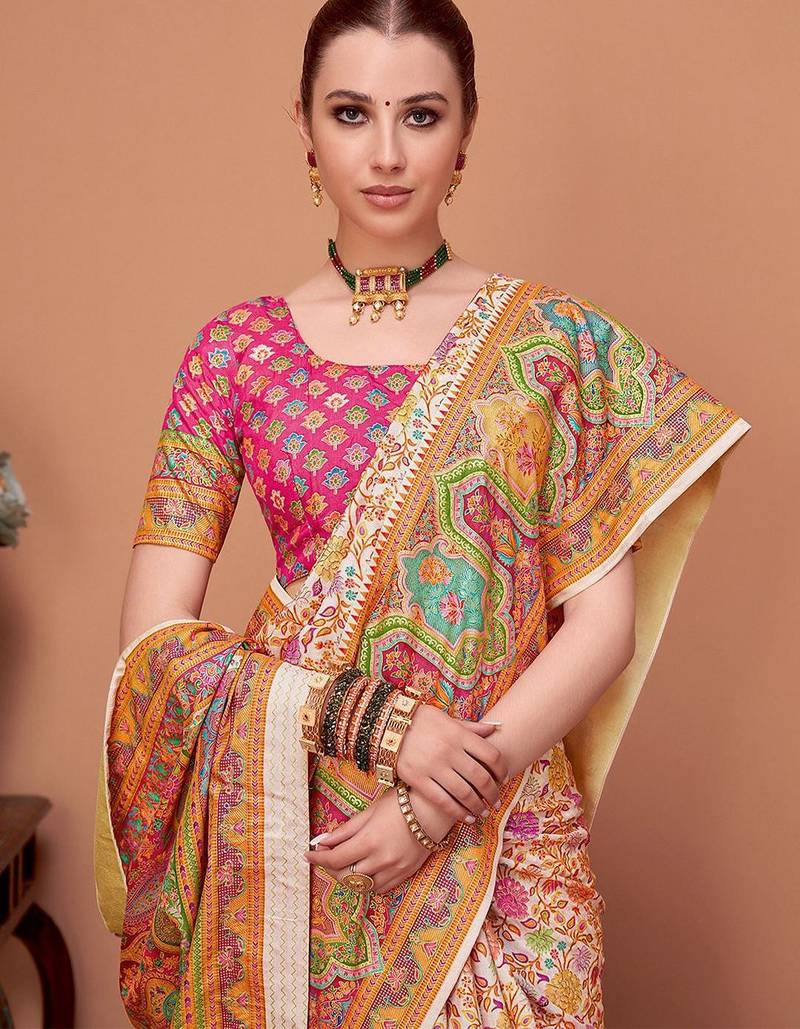 Peach floral printed saree with matching blouse