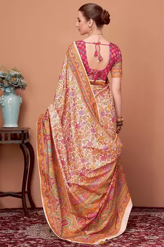 Peach floral printed saree with matching blouse