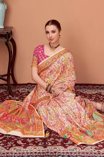 Peach floral printed saree with matching blouse