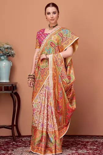 Peach floral printed saree with matching blouse