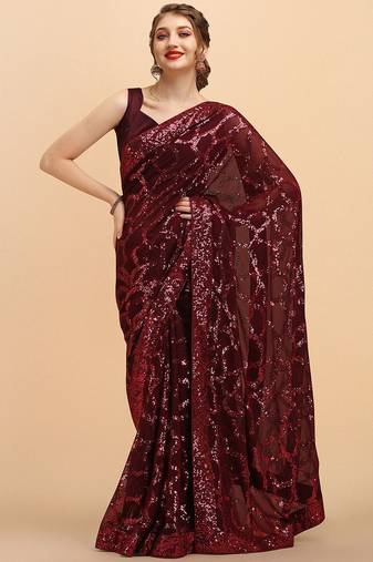 Maroon maroon sequinned  georgette heavy work saree