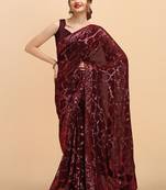 Maroon maroon sequinned  georgette heavy work saree