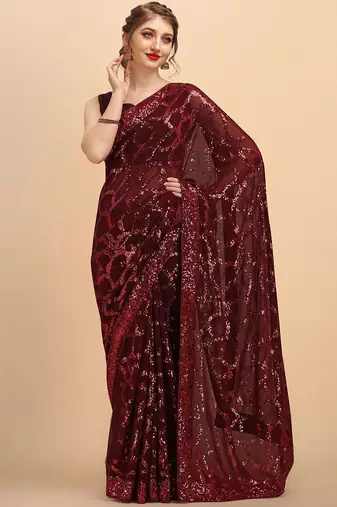 Maroon maroon sequinned  georgette heavy work saree