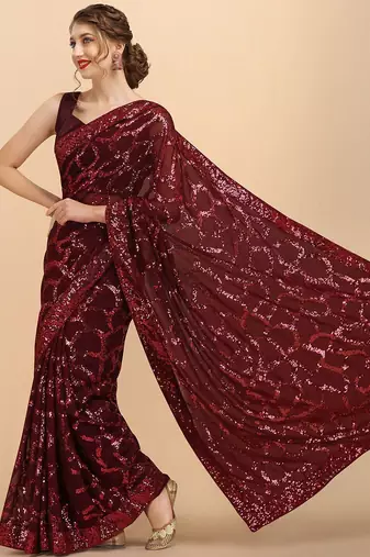Maroon maroon sequinned  georgette heavy work saree