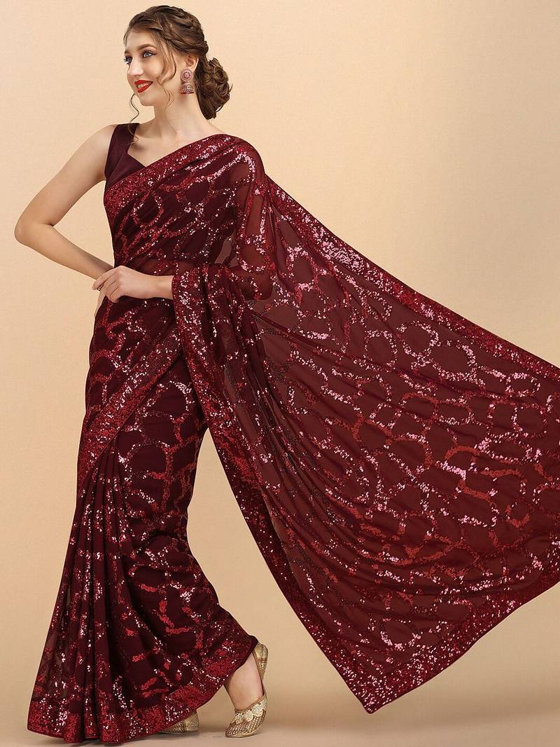Maroon maroon sequinned  georgette heavy work saree