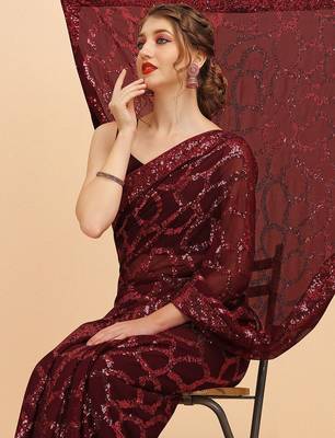 Maroon maroon sequinned  georgette heavy work saree 5